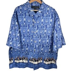 Guy Buffet Silk Button Down Shirt Mens XL Blue Waiter Pop Art Print Short Sleeve